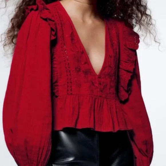 zara embroidered frilled top size medium nwt blouse with buttons - Picture 6 of 6